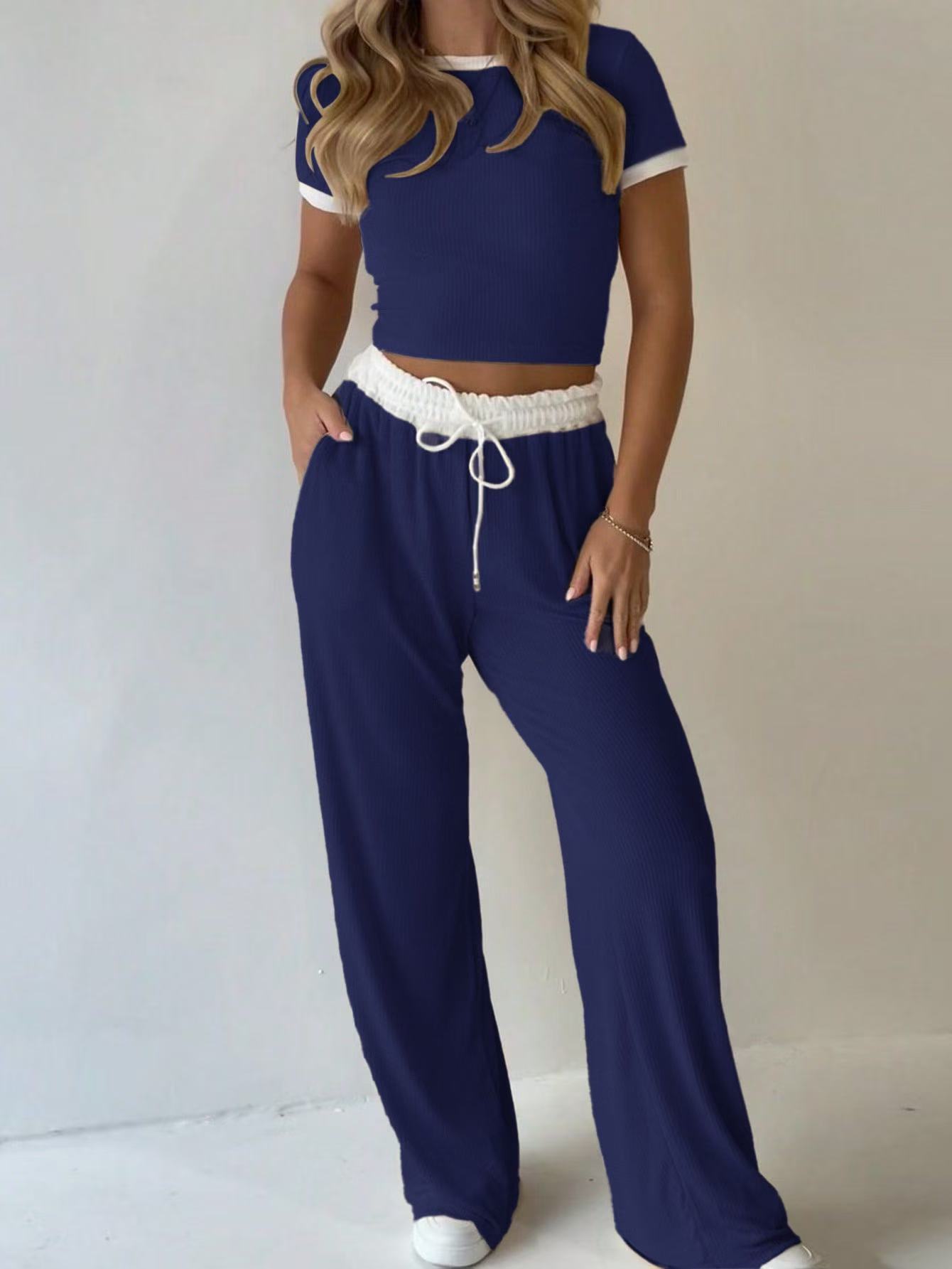 Casual Minimalist Solid Color Short Sleeve Top And Wide Leg Pants Set