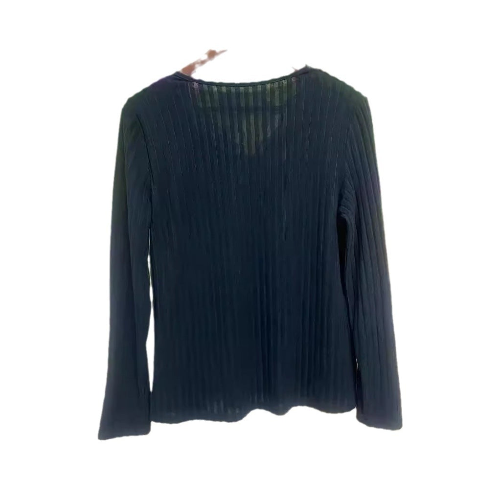 Womens V-neck Lace-button Solid-color Slim-fit Fashion Long-sleeve Top