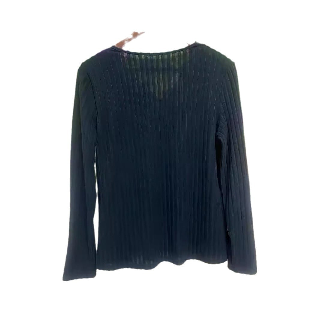 Womens V-neck Lace-button Solid-color Slim-fit Fashion Long-sleeve Top