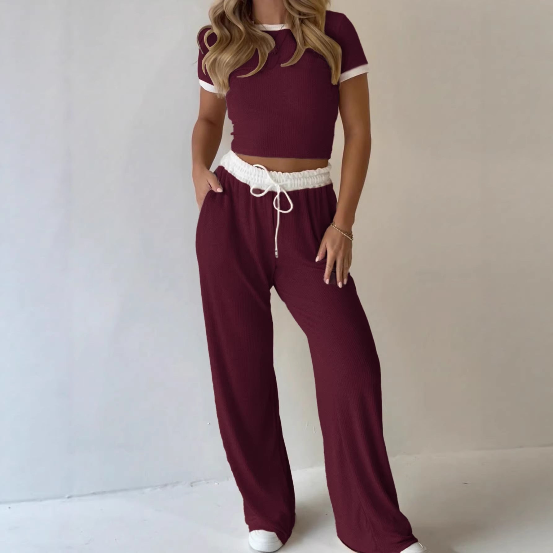 Casual Minimalist Solid Color Short Sleeve Top And Wide Leg Pants Set