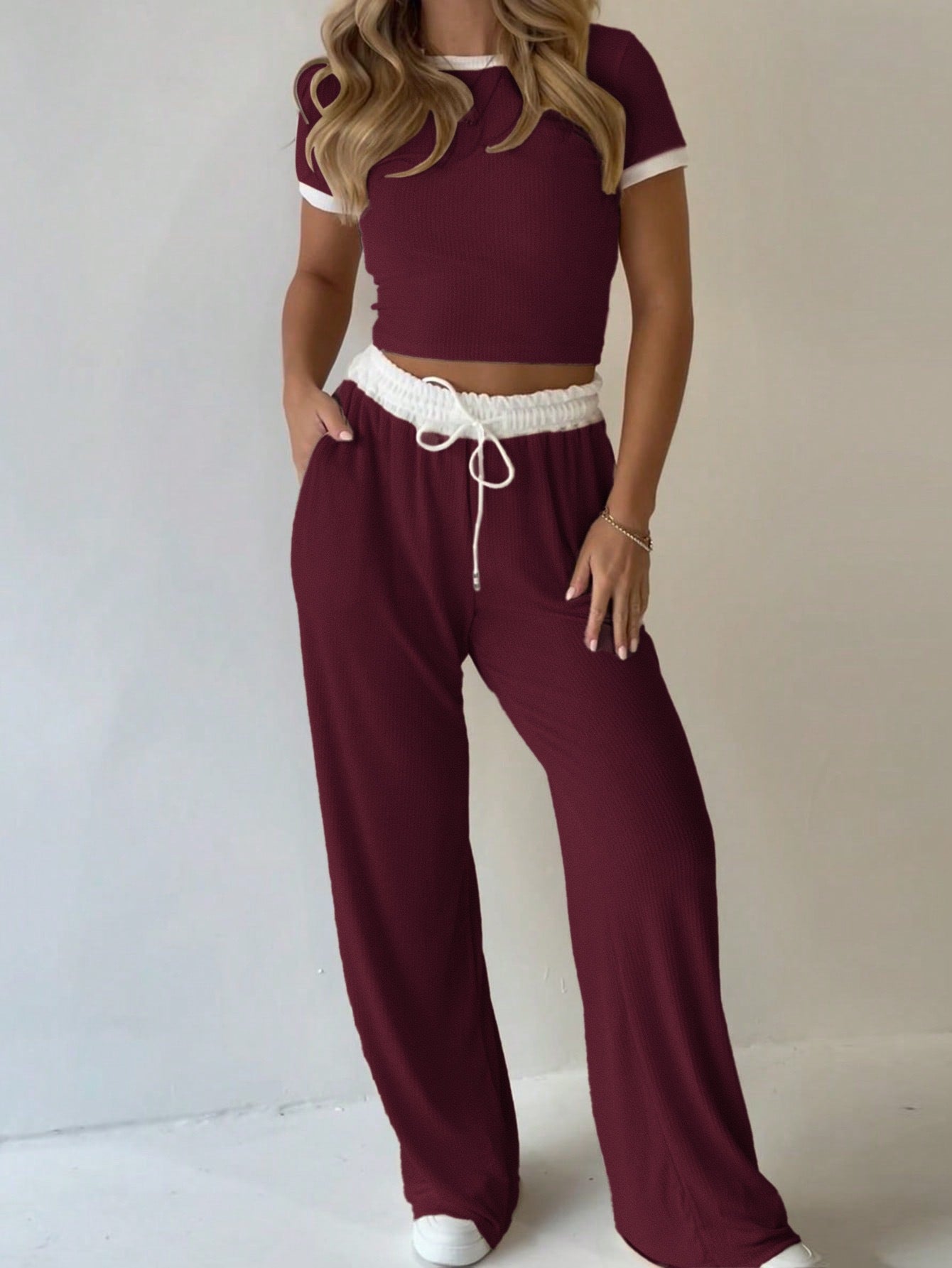 Casual Minimalist Solid Color Short Sleeve Top And Wide Leg Pants Set