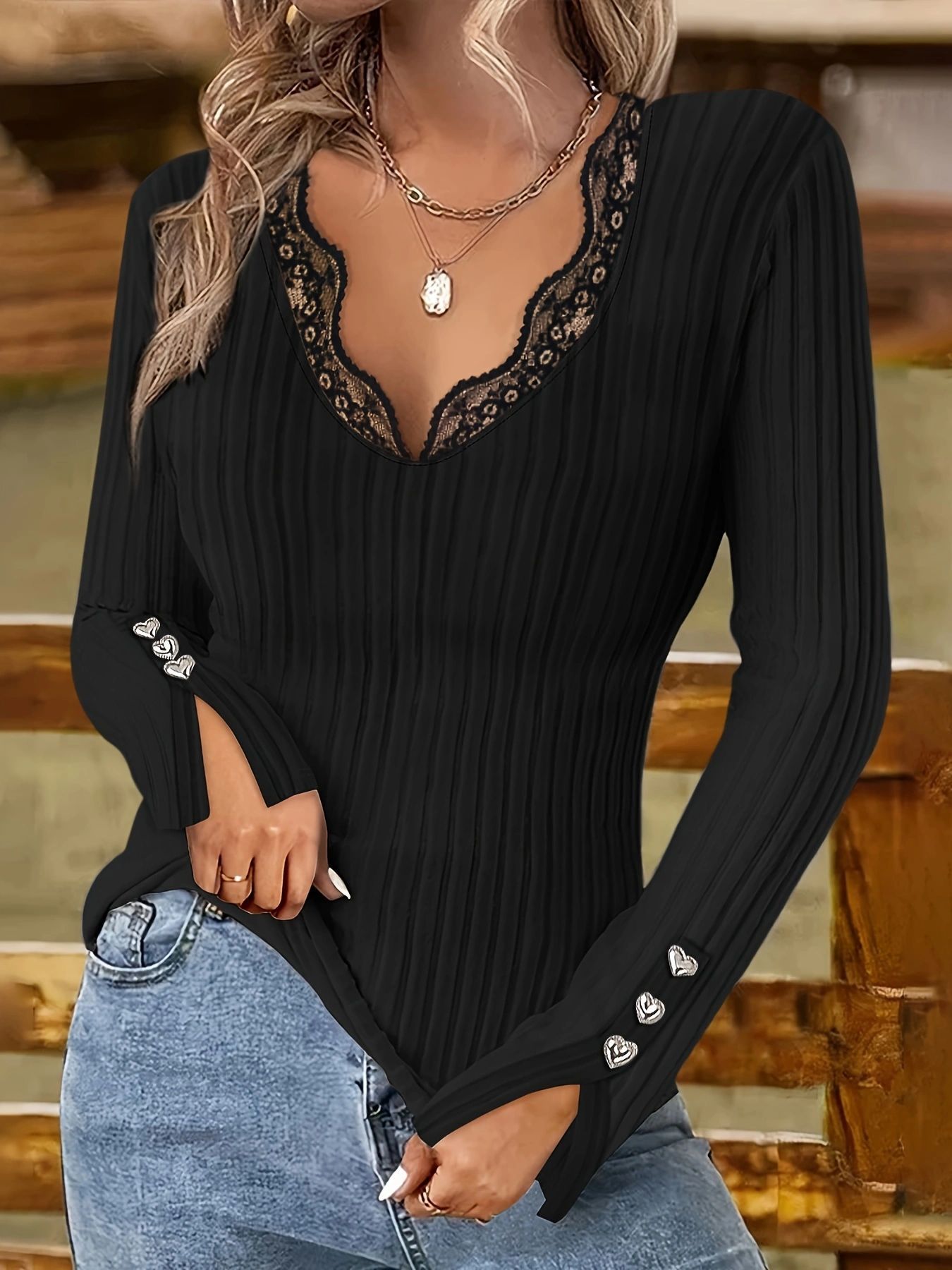 Womens V-neck Lace-button Solid-color Slim-fit Fashion Long-sleeve Top