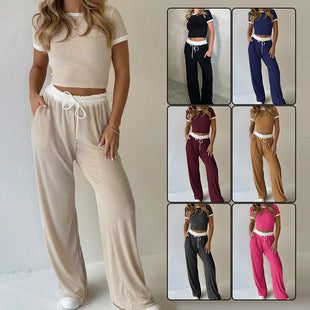 Casual Minimalist Solid Color Short Sleeve Top And Wide Leg Pants Set