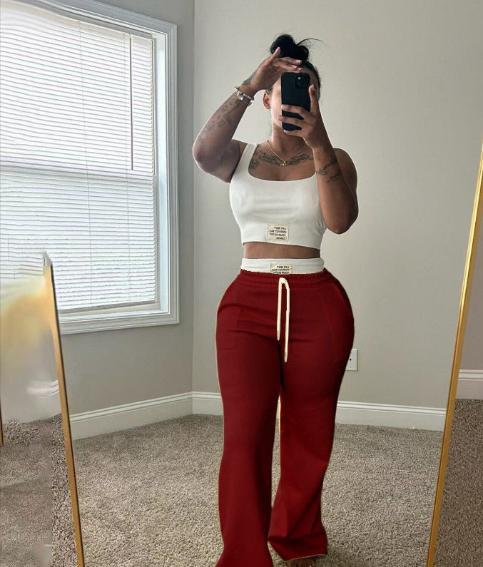 Womens Casual Contrasting Color Layered Loose Sporty Pants Set