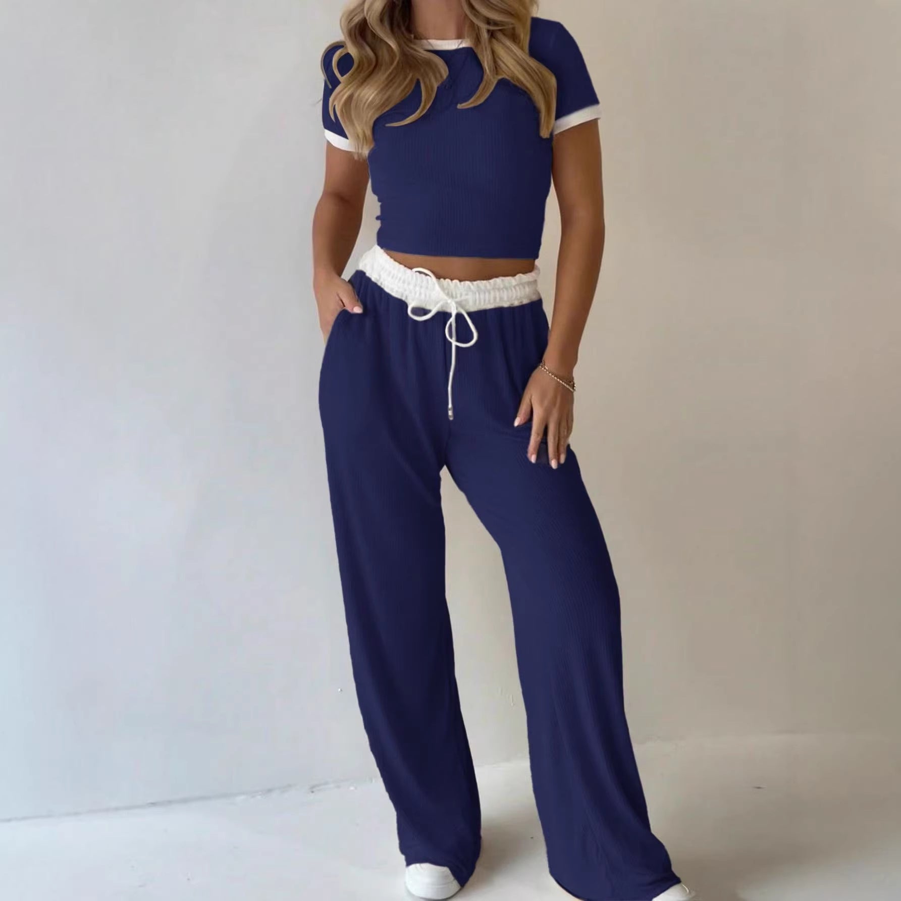 Casual Minimalist Solid Color Short Sleeve Top And Wide Leg Pants Set