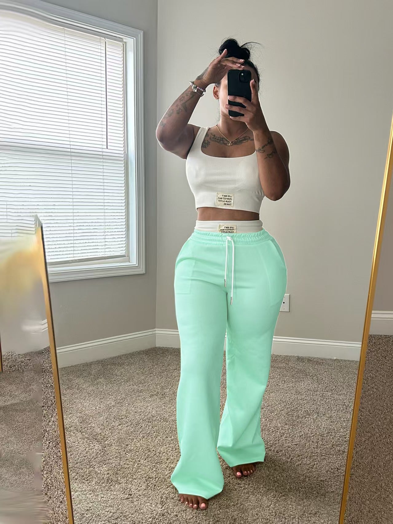 Womens Casual Contrasting Color Layered Loose Sporty Pants Set