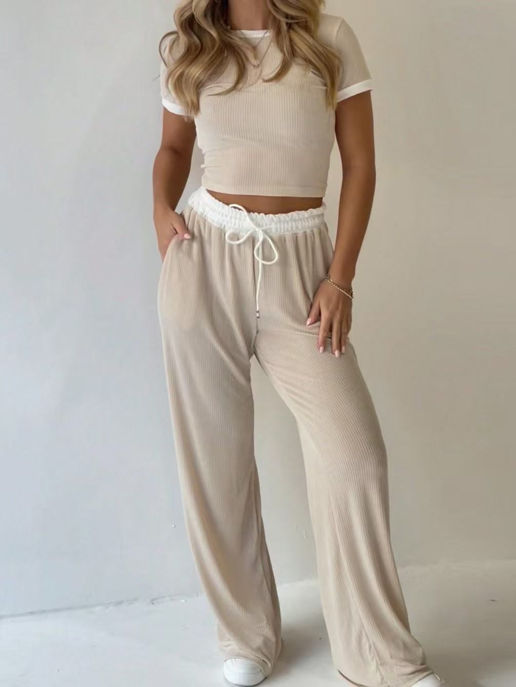 Casual Minimalist Solid Color Short Sleeve Top And Wide Leg Pants Set
