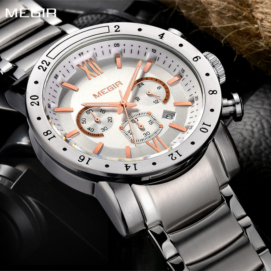 MEGIR Luxury Men's Business Watches Chronograph Waterproof Stainless Steel Quartz Watch Calendar Male Clock Reloj Hombre 3008