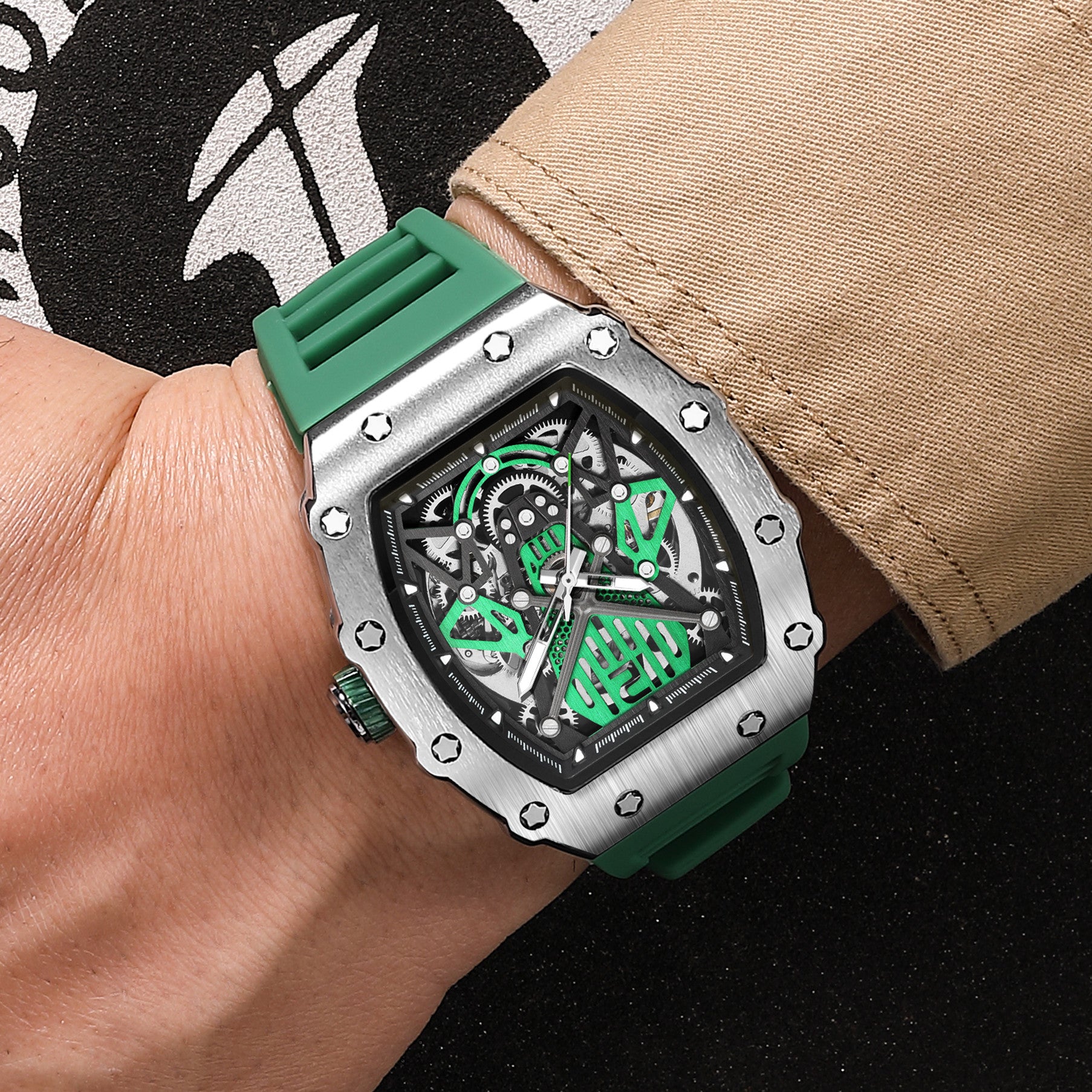 RUIMAS Luxury Watch Men Fashion Automatic Mechanical Watches Clock Silicone Strap Sport Casual Wristwatch Big Dial Reloj Hombre