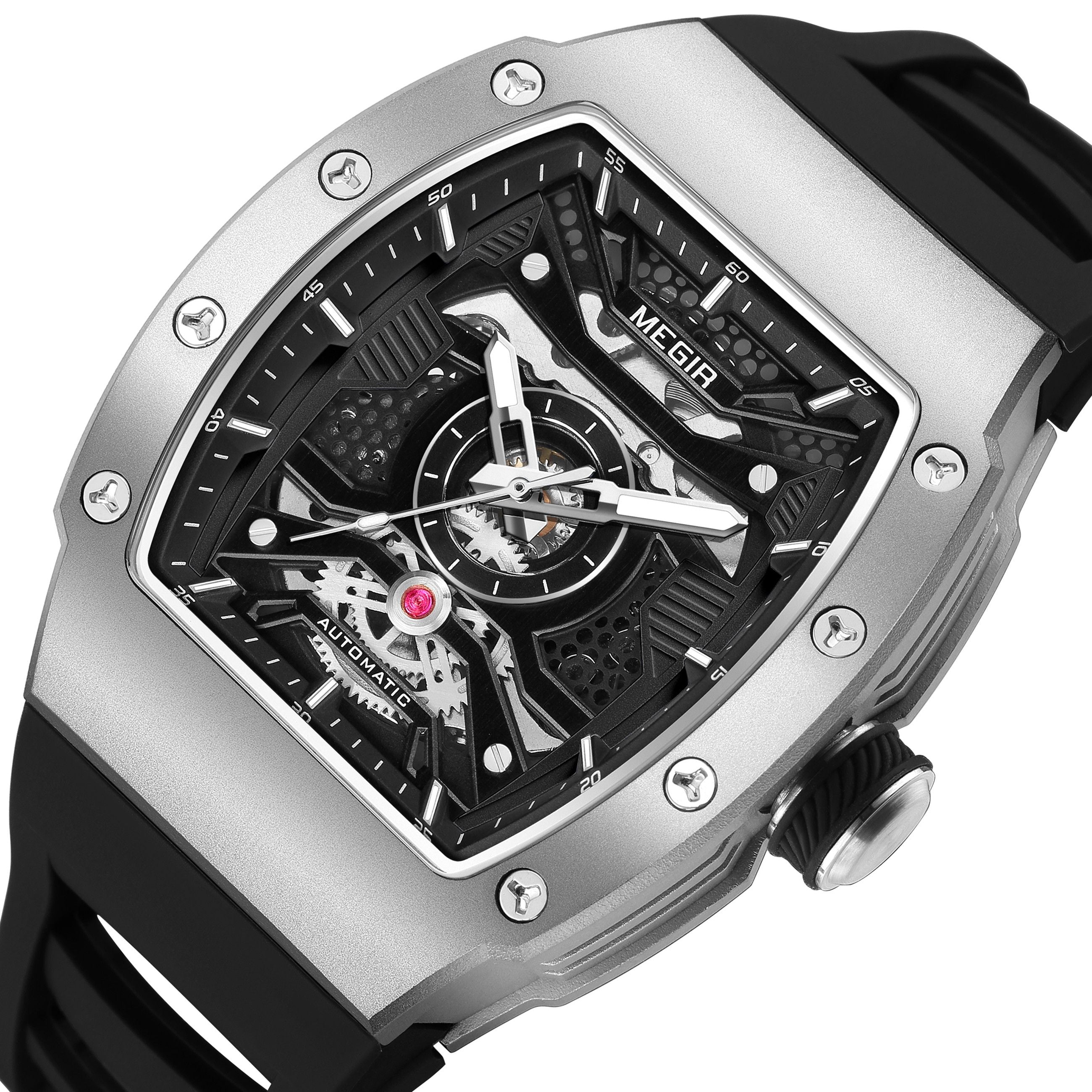 MEGIR Brand Automatic Movement Watch for Men Tonneau Design Fashion Waterproof Stainless Steel Case Mechanical Wristwatch Montre Homme 8604