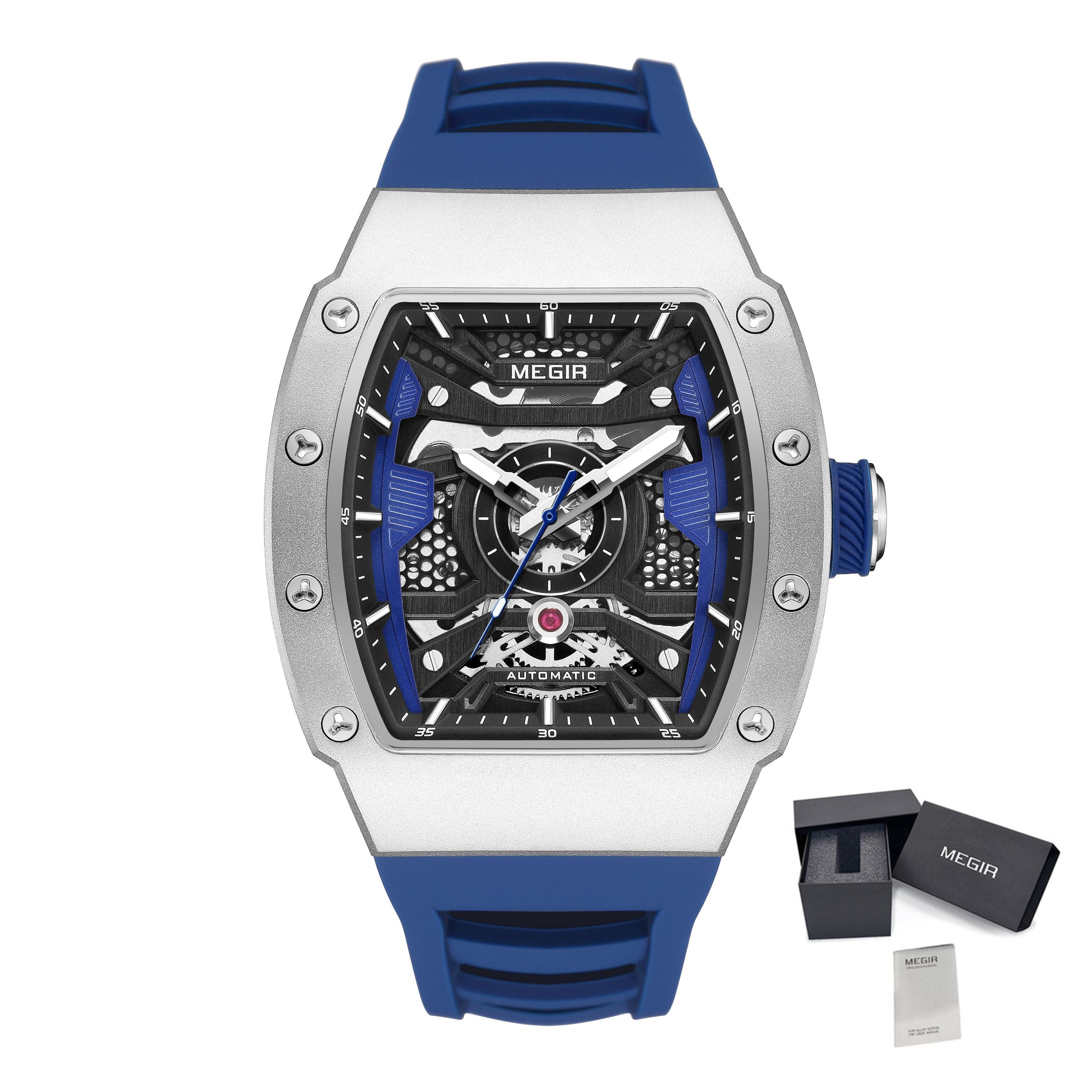 MEGIR Brand Automatic Movement Watch for Men Tonneau Design Fashion Waterproof Stainless Steel Case Mechanical Wristwatch Montre Homme 8604