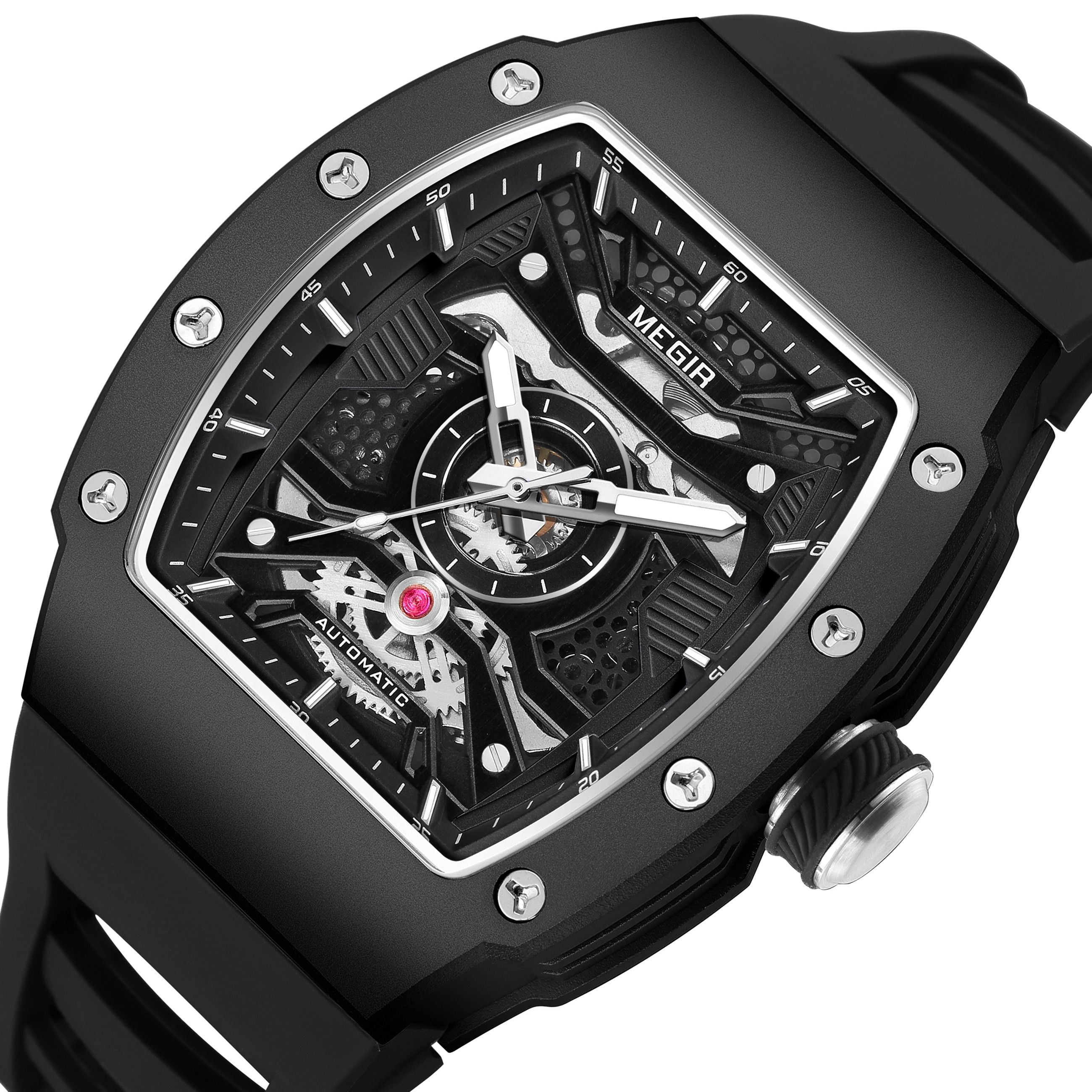 MEGIR Brand Automatic Movement Watch for Men Tonneau Design Fashion Waterproof Stainless Steel Case Mechanical Wristwatch Montre Homme 8604