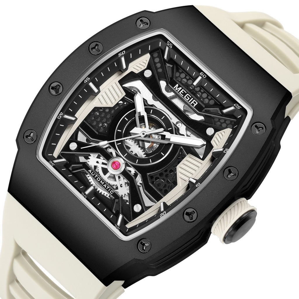 MEGIR Brand Automatic Movement Watch for Men Tonneau Design Fashion Waterproof Stainless Steel Case Mechanical Wristwatch Montre Homme 8604