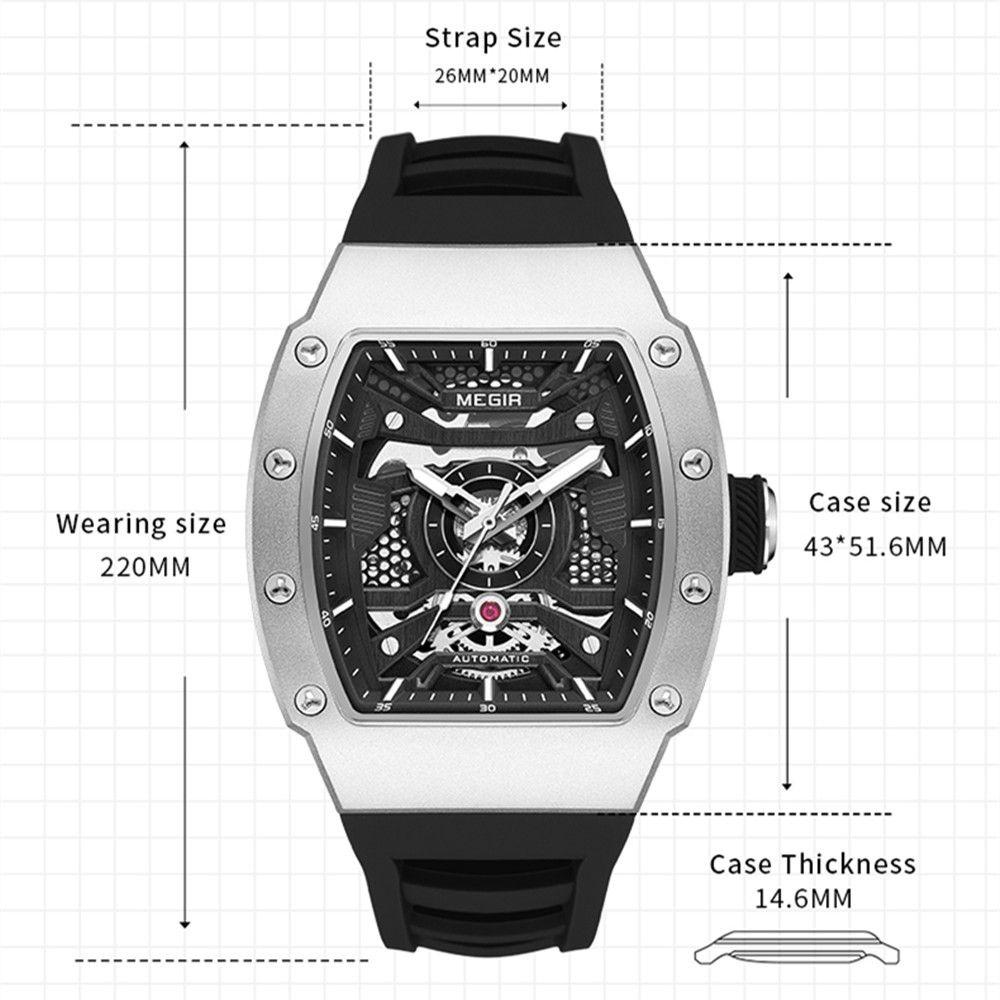 MEGIR Brand Automatic Movement Watch for Men Tonneau Design Fashion Waterproof Stainless Steel Case Mechanical Wristwatch Montre Homme 8604
