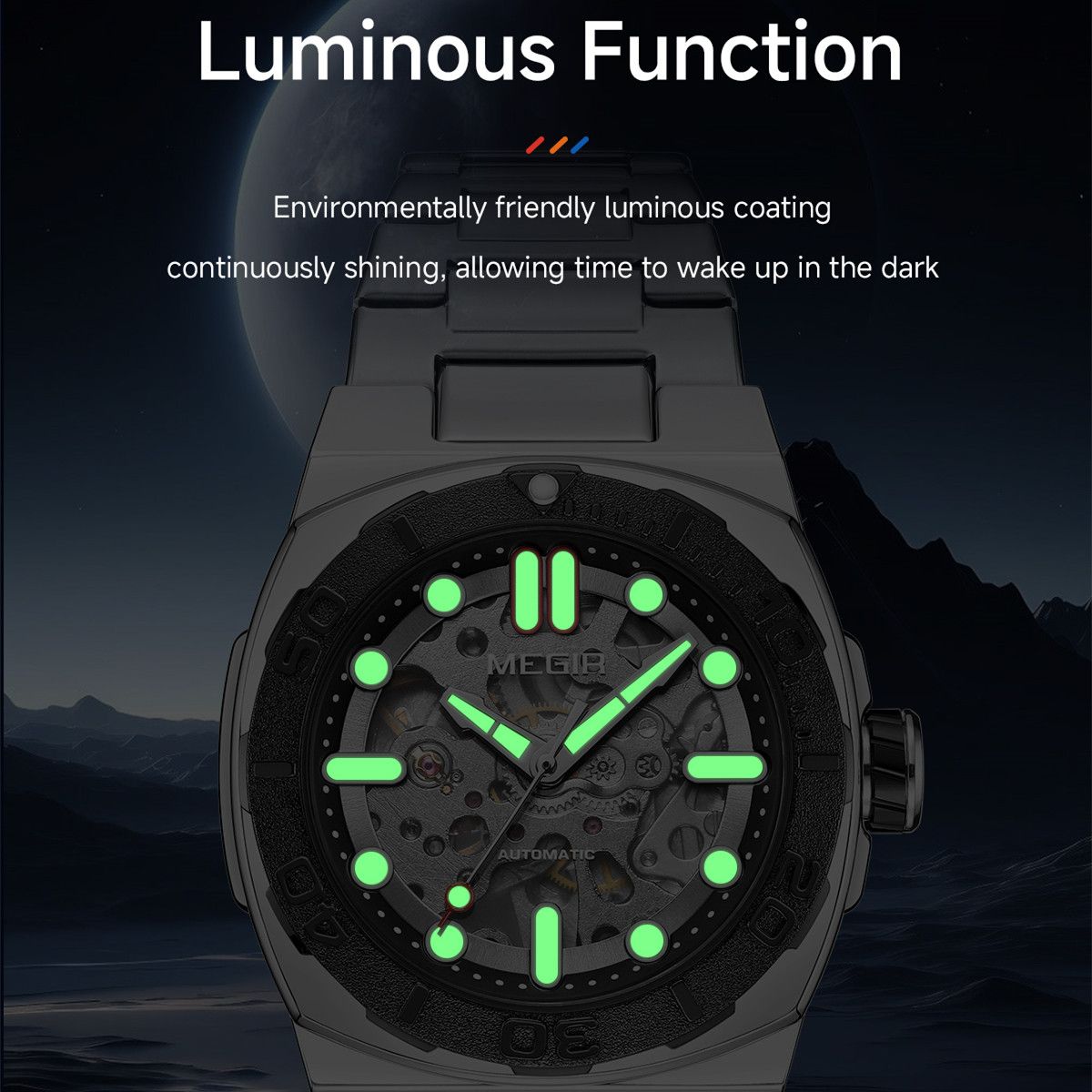 MEGIR Skeleton Dial Mechanical Watches for Men Luxury Business Wristwatch Stainless Steel Waterproof Automatic Watch Clock 8606