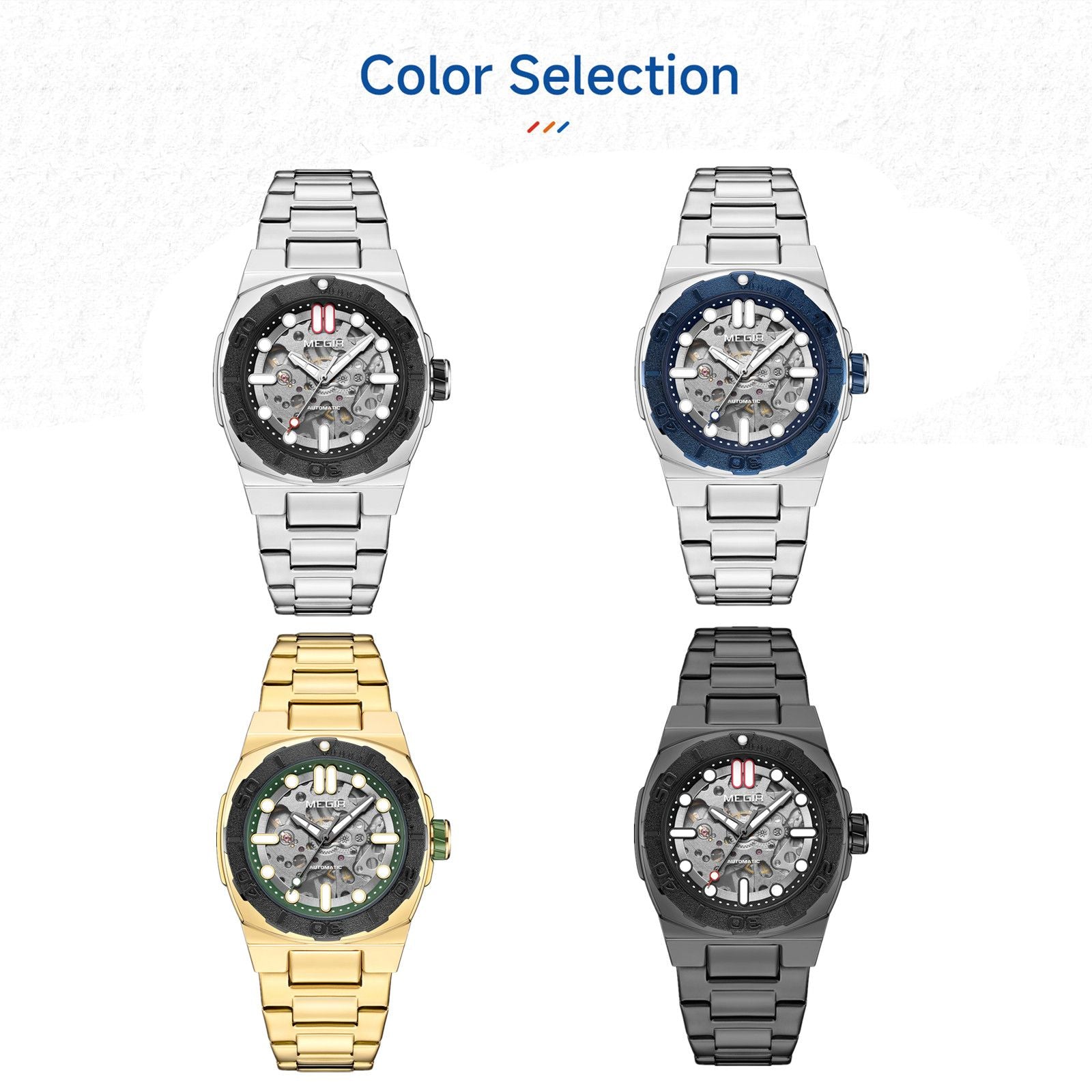 MEGIR Skeleton Dial Mechanical Watches for Men Luxury Business Wristwatch Stainless Steel Waterproof Automatic Watch Clock 8606