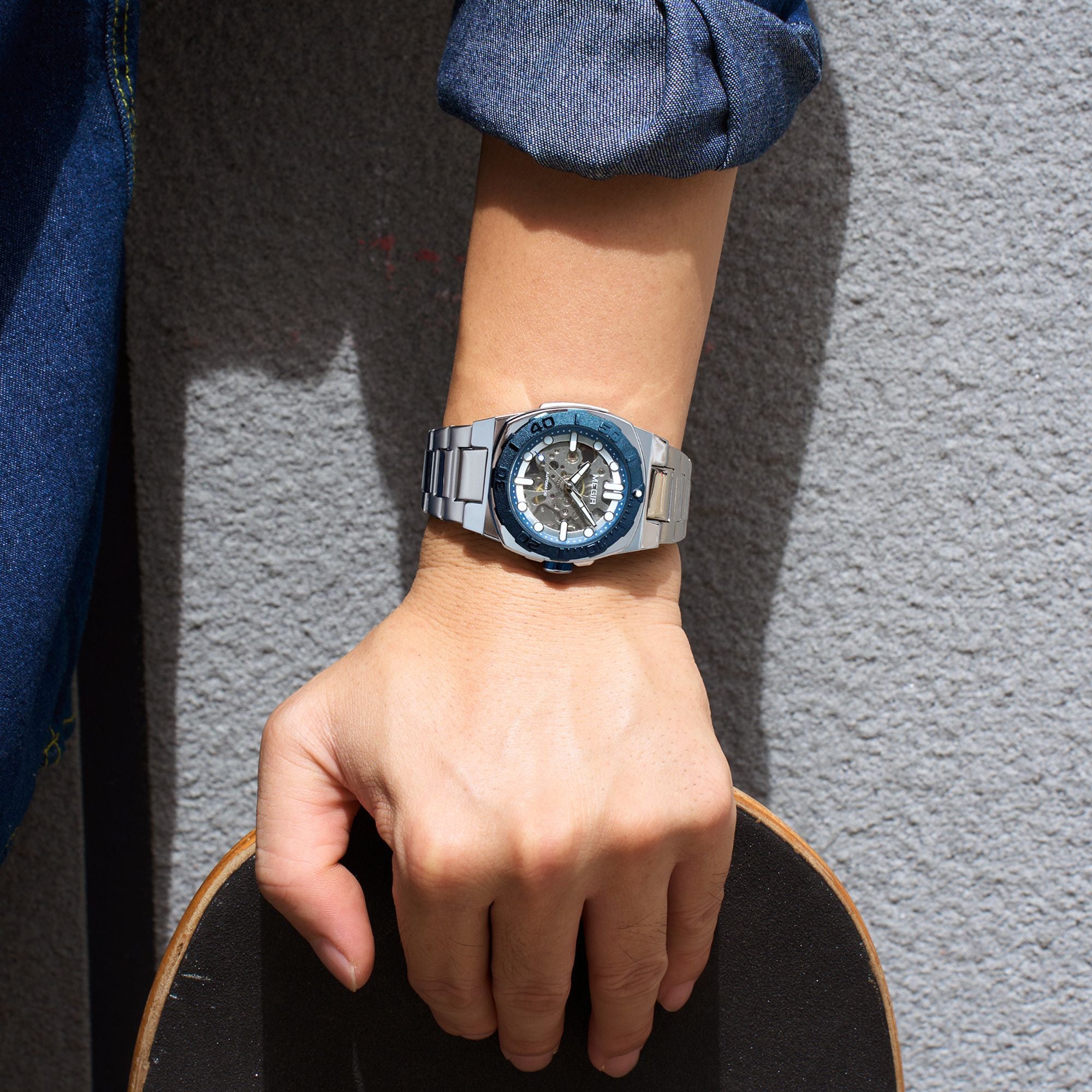 MEGIR Skeleton Dial Mechanical Watches for Men Luxury Business Wristwatch Stainless Steel Waterproof Automatic Watch Clock 8606