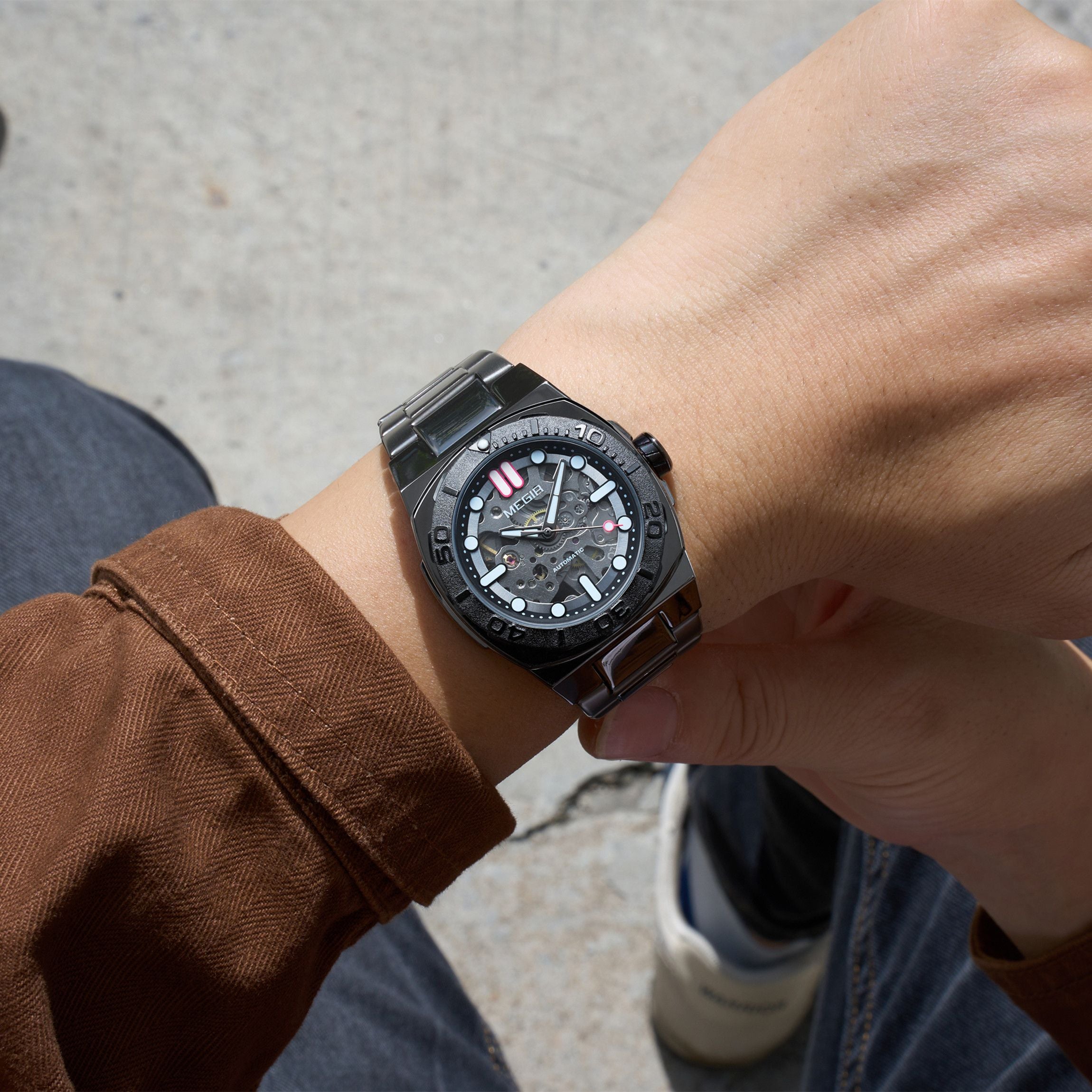 MEGIR Skeleton Dial Mechanical Watches for Men Luxury Business Wristwatch Stainless Steel Waterproof Automatic Watch Clock 8606