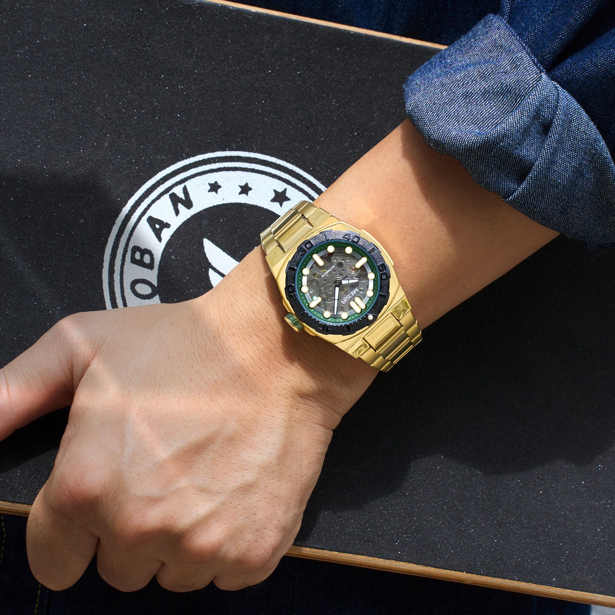 MEGIR Skeleton Dial Mechanical Watches for Men Luxury Business Wristwatch Stainless Steel Waterproof Automatic Watch Clock 8606