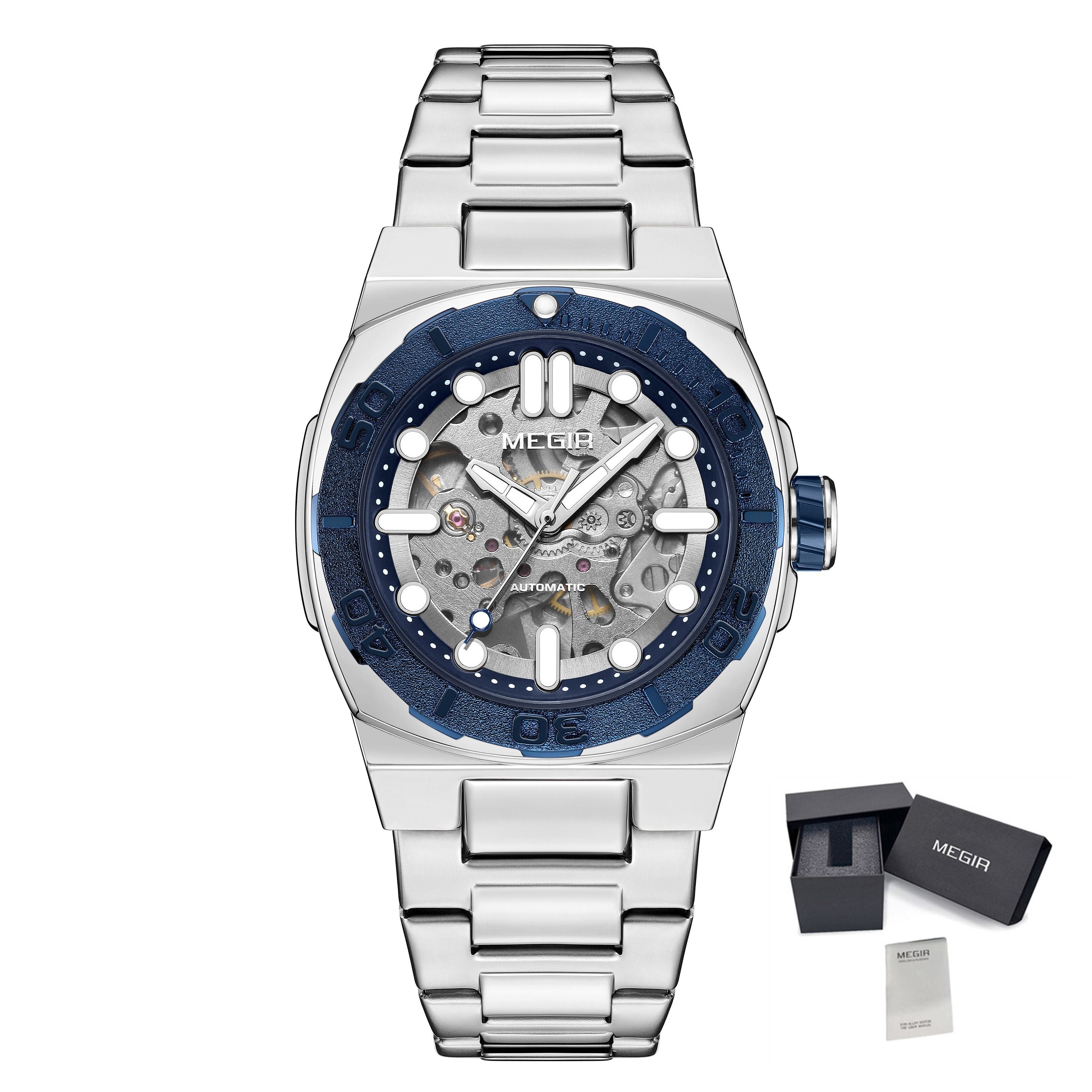 MEGIR Skeleton Dial Mechanical Watches for Men Luxury Business Wristwatch Stainless Steel Waterproof Automatic Watch Clock 8606