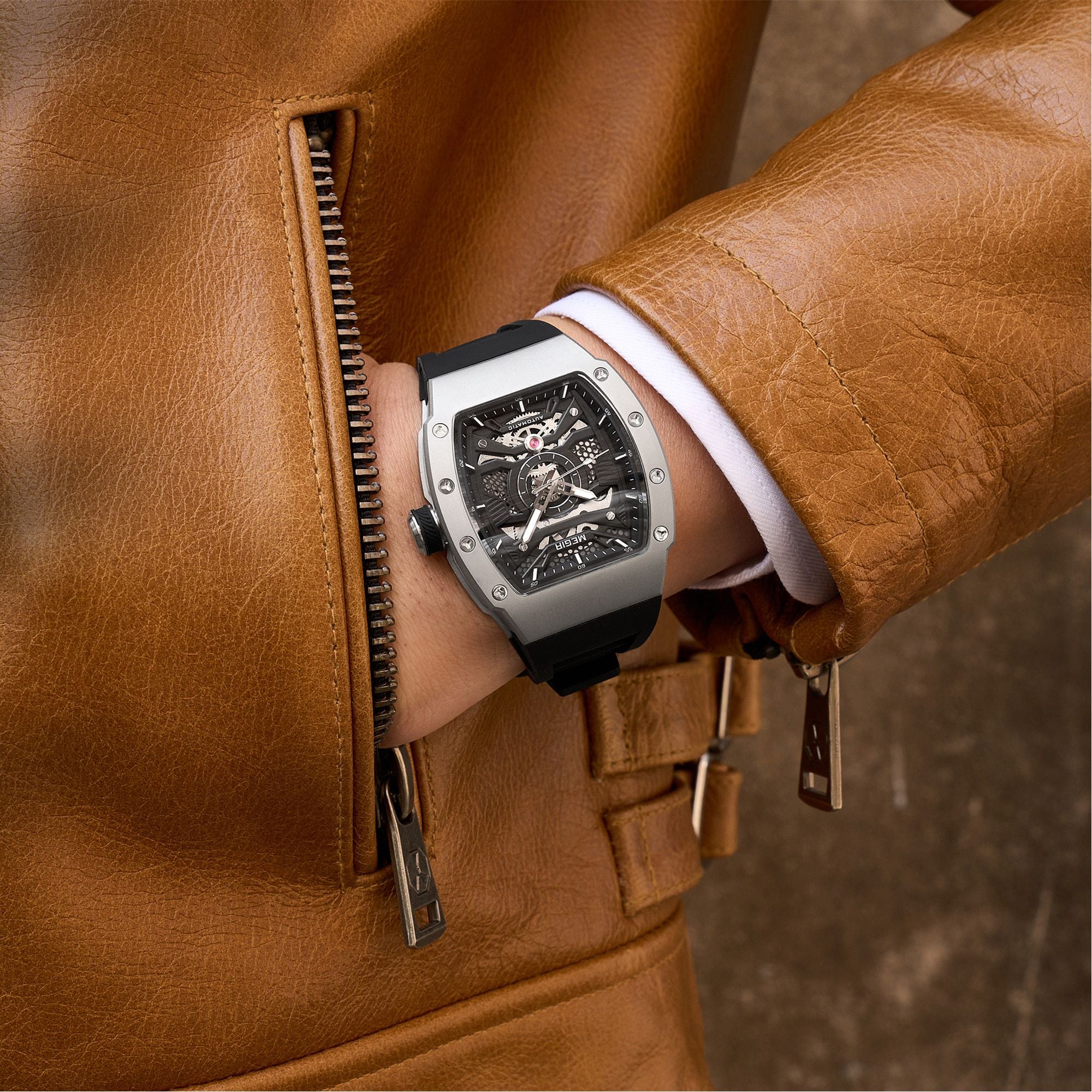 MEGIR Brand Automatic Movement Watch for Men Tonneau Design Fashion Waterproof Stainless Steel Case Mechanical Wristwatch Montre Homme 8604