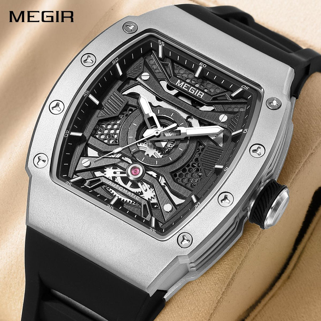 MEGIR Brand Automatic Movement Watch for Men Tonneau Design Fashion Waterproof Stainless Steel Case Mechanical Wristwatch Montre Homme 8604