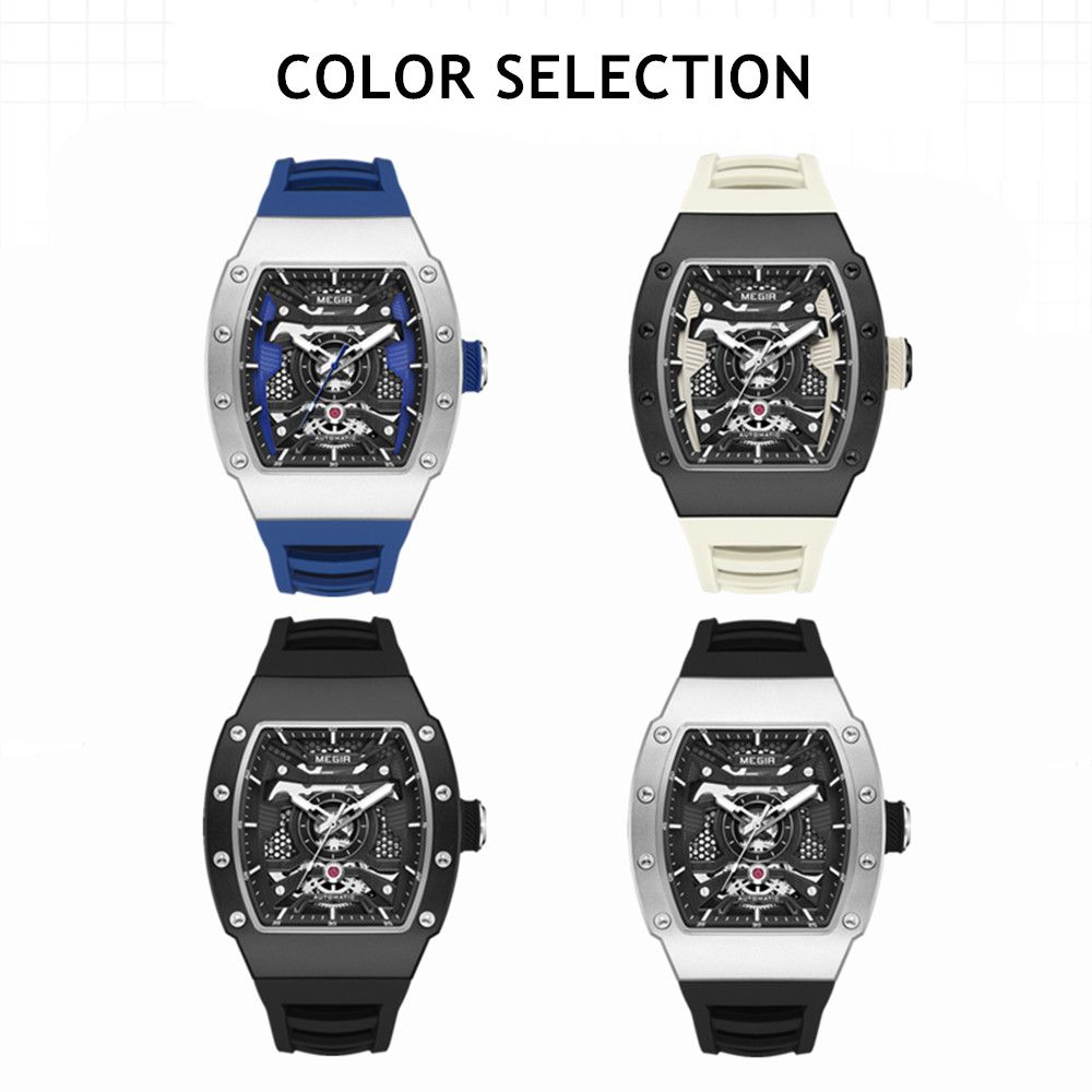 MEGIR Brand Automatic Movement Watch for Men Tonneau Design Fashion Waterproof Stainless Steel Case Mechanical Wristwatch Montre Homme 8604