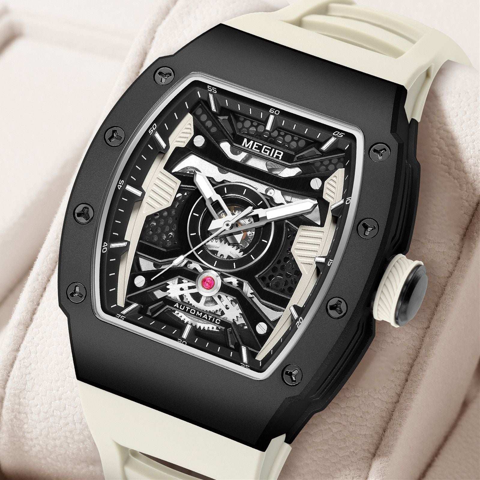 MEGIR Brand Automatic Movement Watch for Men Tonneau Design Fashion Waterproof Stainless Steel Case Mechanical Wristwatch Montre Homme 8604