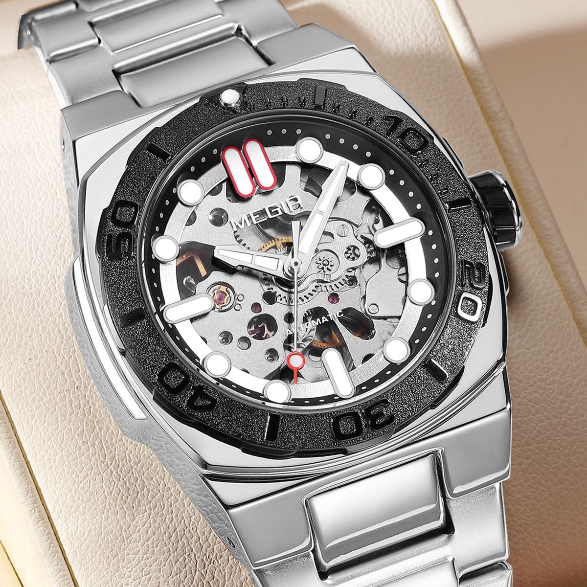 MEGIR Skeleton Dial Mechanical Watches for Men Luxury Business Wristwatch Stainless Steel Waterproof Automatic Watch Clock 8606