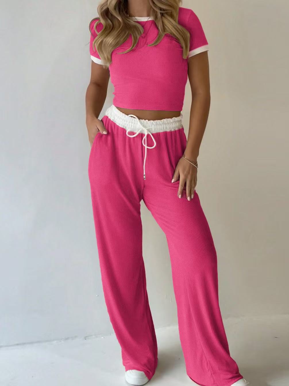 Casual Minimalist Solid Color Short Sleeve Top And Wide Leg Pants Set