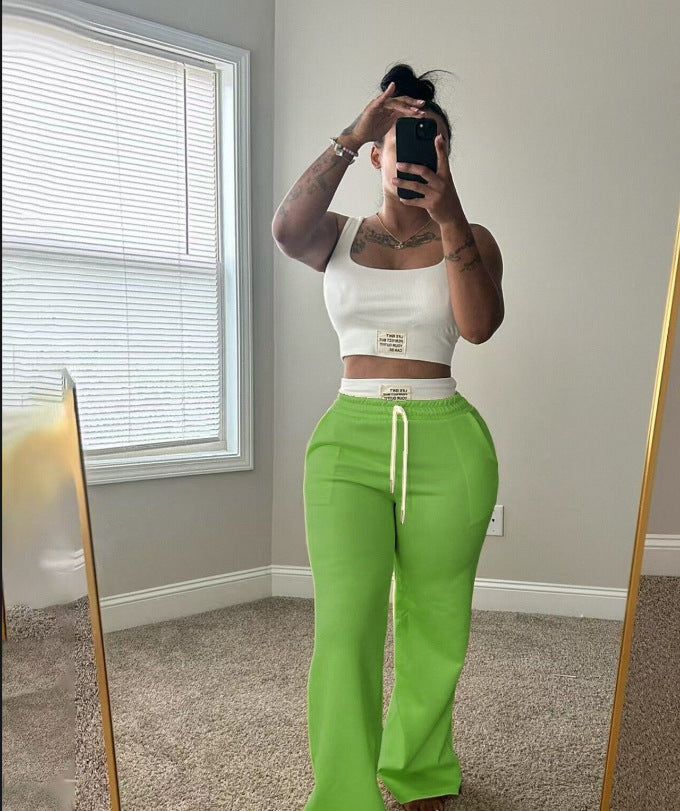 Womens Casual Contrasting Color Layered Loose Sporty Pants Set