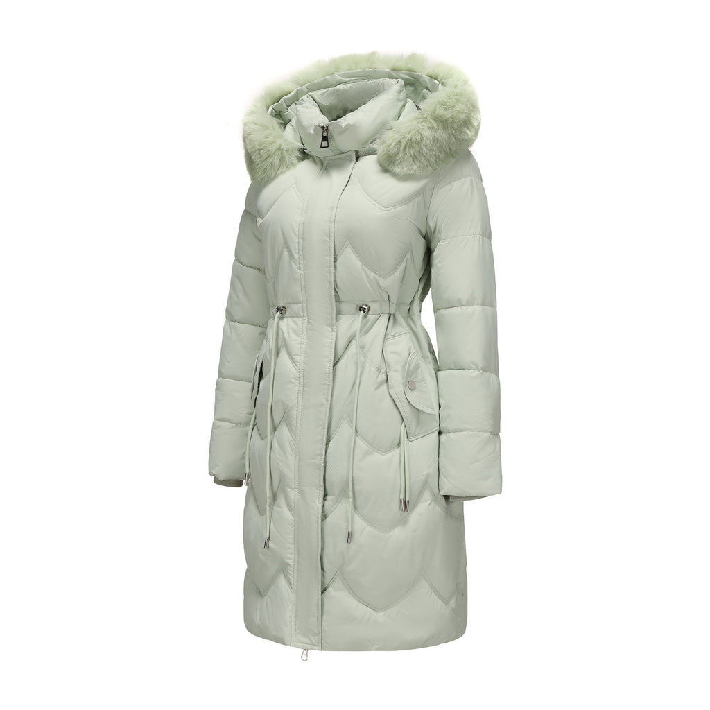 Big Fur Collar Mid-length Thickened Waist-cinching Cotton Coat