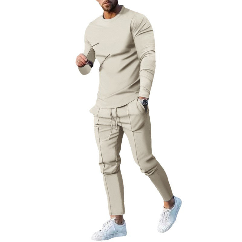Men's Long-sleeved Suit Slim Crew Neck Pullover T-shirt And Pockets Drawstring Pencil Pants Casual Trousers Set Clothing