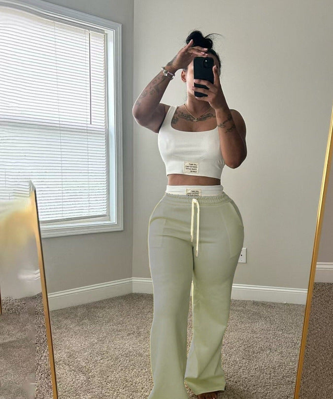 Womens Casual Contrasting Color Layered Loose Sporty Pants Set