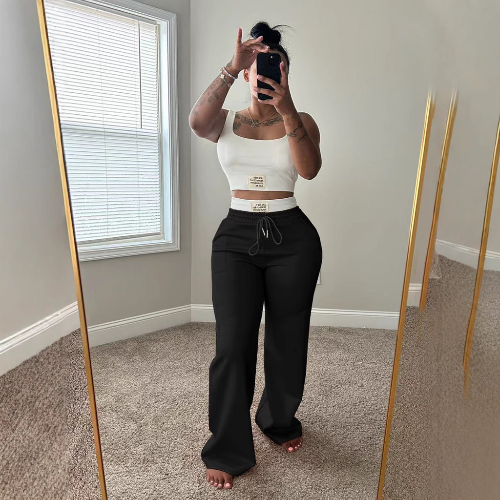 Womens Casual Contrasting Color Layered Loose Sporty Pants Set