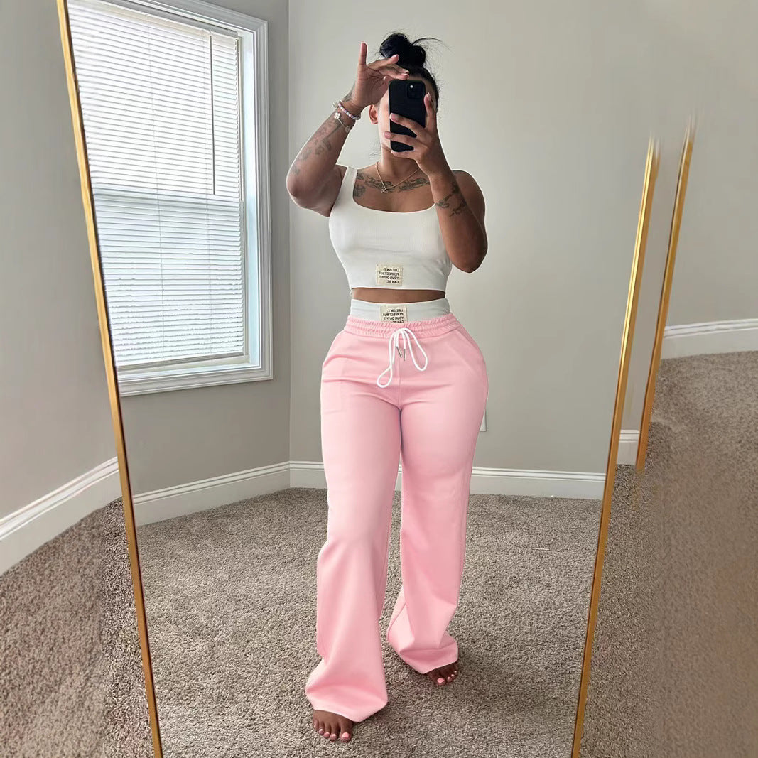 Womens Casual Contrasting Color Layered Loose Sporty Pants Set