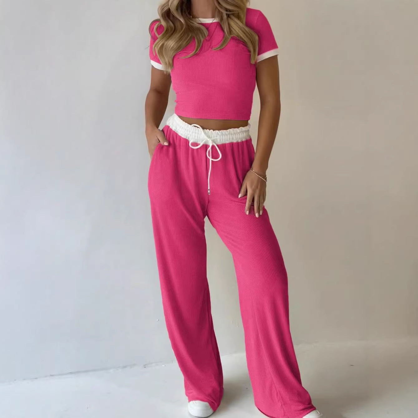 Casual Minimalist Solid Color Short Sleeve Top And Wide Leg Pants Set