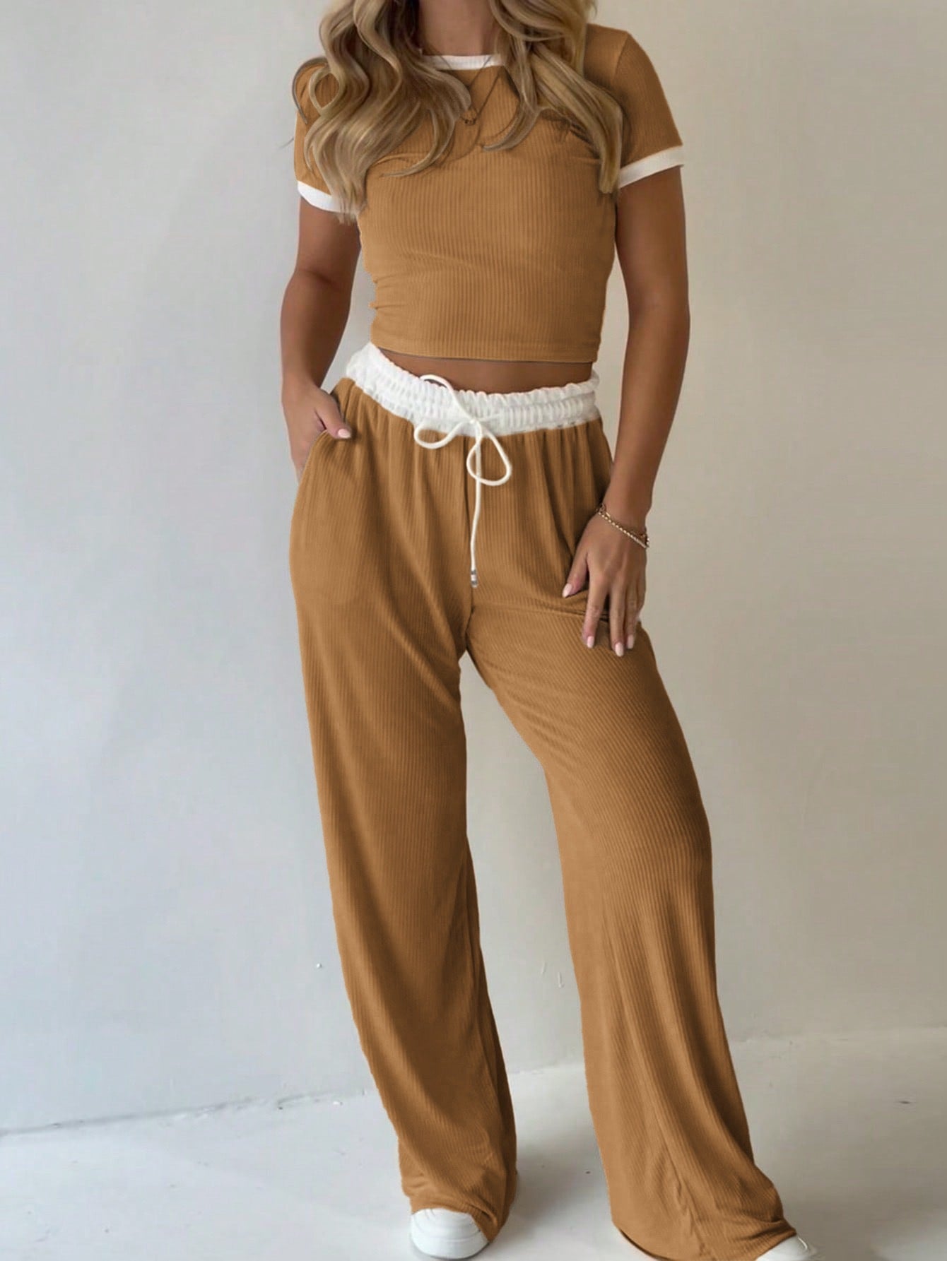 Casual Minimalist Solid Color Short Sleeve Top And Wide Leg Pants Set