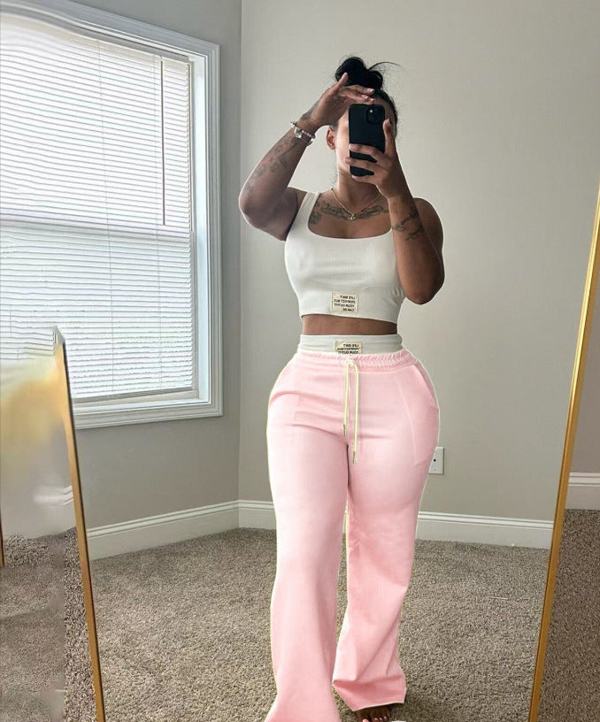 Womens Casual Contrasting Color Layered Loose Sporty Pants Set