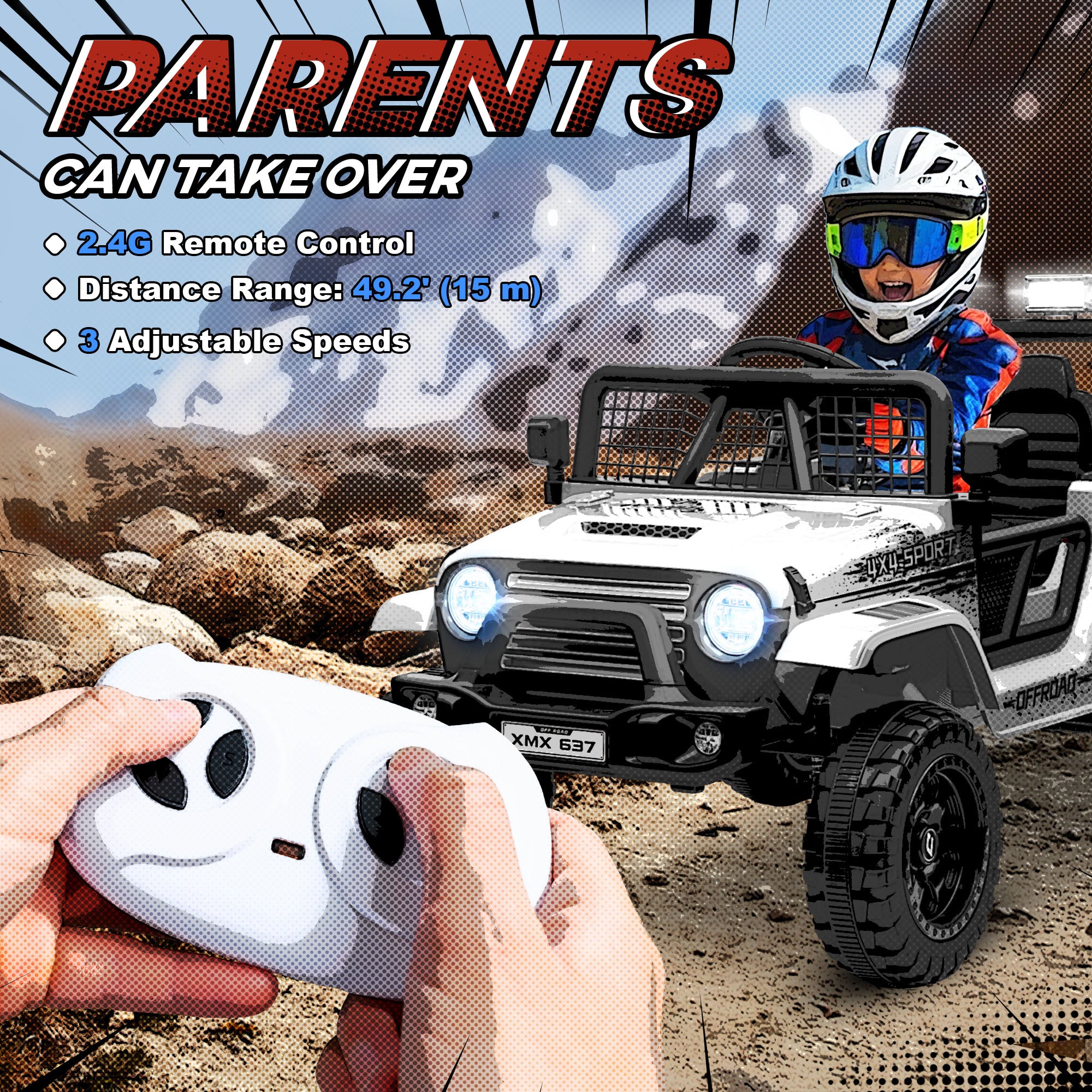 12V Battery Powered Kids Ride-On Car, Electric Truck W/ Spring Suspension, Remote, Music, Horn, Lights, White