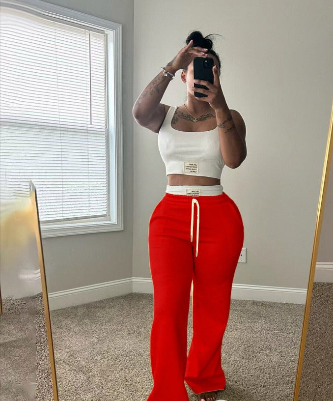 Womens Casual Contrasting Color Layered Loose Sporty Pants Set