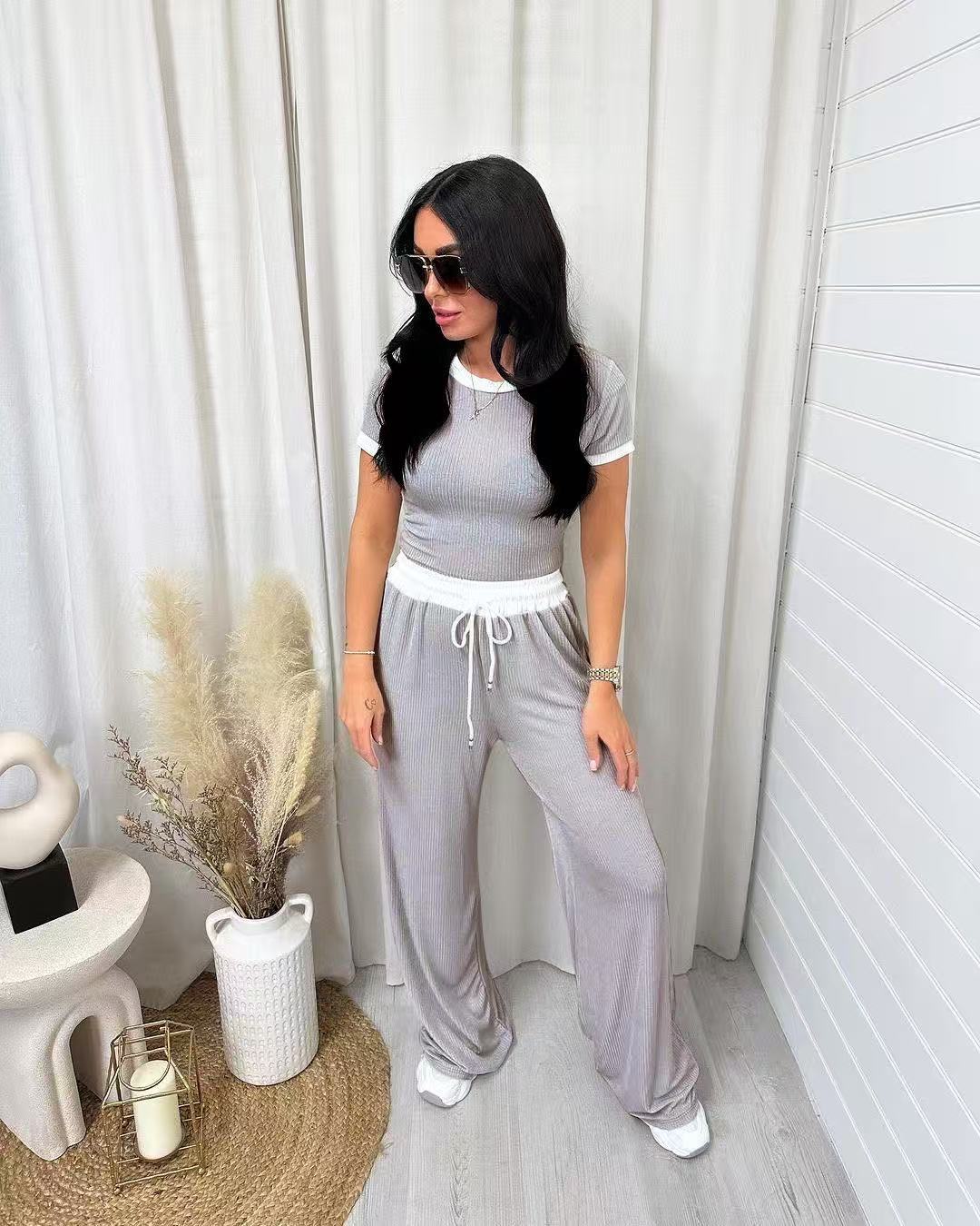 Casual Minimalist Solid Color Short Sleeve Top And Wide Leg Pants Set