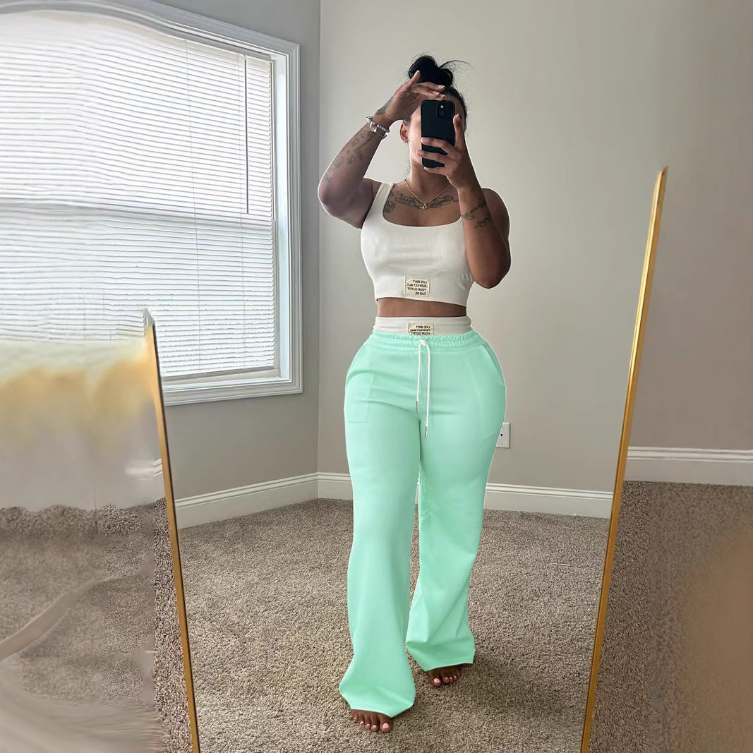 Womens Casual Contrasting Color Layered Loose Sporty Pants Set