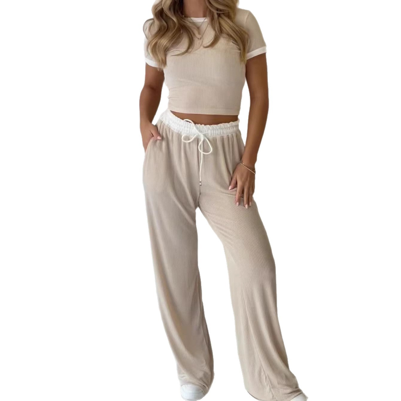 Casual Minimalist Solid Color Short Sleeve Top And Wide Leg Pants Set